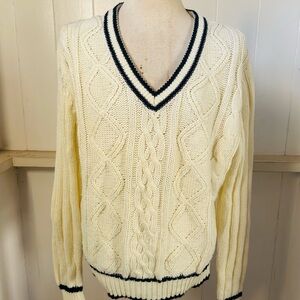 Cream Cable-Knit V-Neck Sweater with Navy Trim